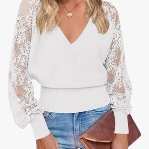 Amazon White V-Neck Sweater with Lace Sleeves